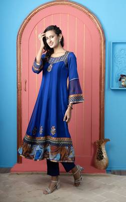 Royal-blue georgette embroidered anarkali kurta & 2