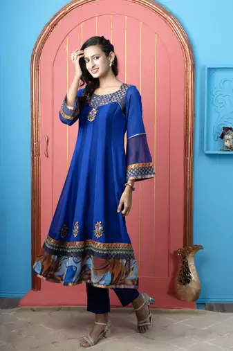 Royal-blue georgette embroidered anarkali kurta &