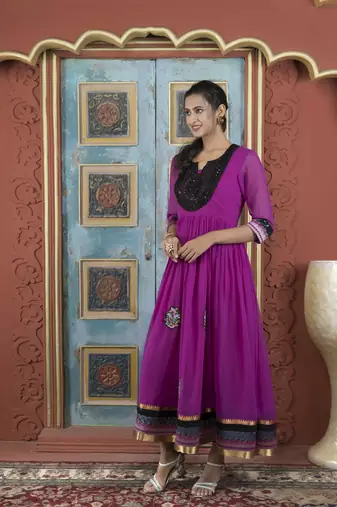 Pink georgette embroidered a line kurta &