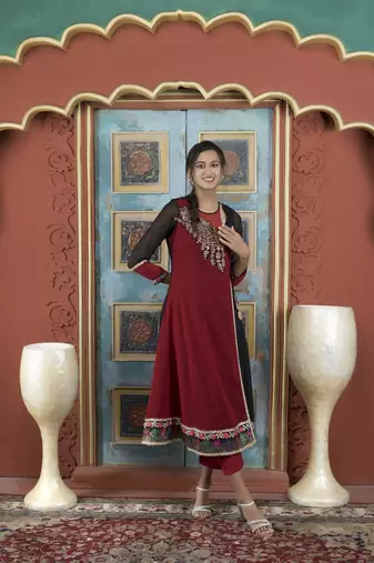 Maroon georgette embroidered asymmetrical kurta &