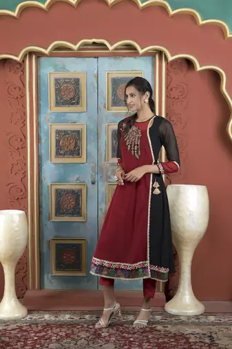 Maroon georgette embroidered asymmetrical kurta &
