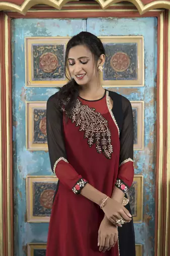 Maroon georgette embroidered asymmetrical kurta &