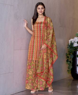 Mojilaa women's peach crepe printed vertical stripes printed straight kurta with flared palazzo & printed dupatta 1