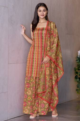 Mojilaa women's peach crepe printed vertical stripes printed straight kurta with flared palazzo & printed dupatta