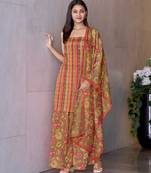 Mojilaa women's peach crepe printed vertical stripes printed straight kurta with flared palazzo & printed dupatta