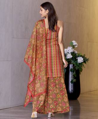 Mojilaa women's peach crepe printed vertical stripes printed straight kurta with flared palazzo & printed dupatta 2