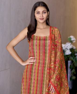 Mojilaa women's peach crepe printed vertical stripes printed straight kurta with flared palazzo & printed dupatta 3
