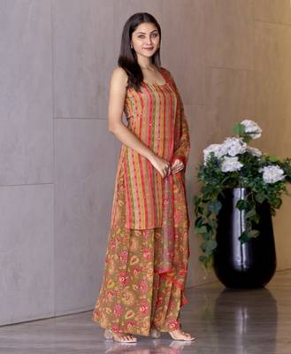 Mojilaa women's peach crepe printed vertical stripes printed straight kurta with flared palazzo & printed dupatta 4