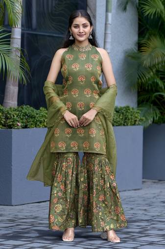 Mojilaa women's green shimmer embroidery floral printed straight kurta with gharara & printed dupatta