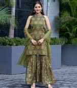 Mojilaa women's green shimmer embroidery floral printed straight kurta with gharara & printed dupatta