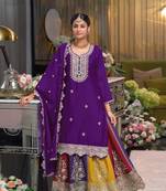 Purple Embroidered silk stitched Palazzo suit(free size)