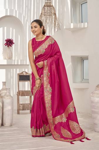 pink Banarasi soft silk blend woven jacquard saree with blouse piece