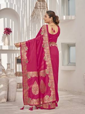 pink Banarasi soft silk blend woven jacquard saree with blouse piece 3