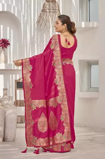 pink Banarasi soft silk blend woven jacquard saree with blouse piece