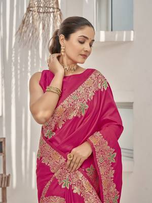 pink Banarasi soft silk blend woven jacquard saree with blouse piece 4