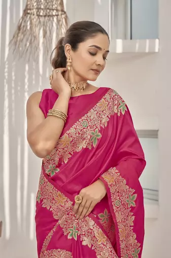 pink Banarasi soft silk blend woven jacquard saree with blouse piece