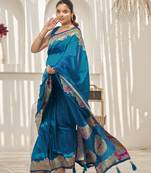 Blue banarasi soft silk blend woven jacquard saree with blouse piece