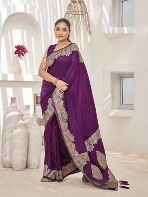 Purple banarasi soft silk blend woven jacquard saree with blouse piece 1