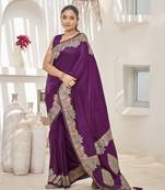 Purple banarasi soft silk blend woven jacquard saree with blouse piece