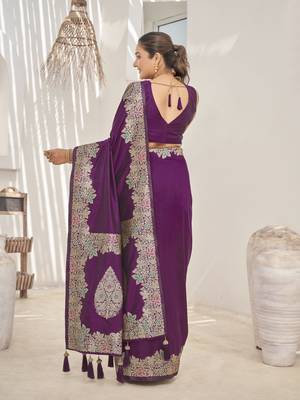 Purple banarasi soft silk blend woven jacquard saree with blouse piece 3