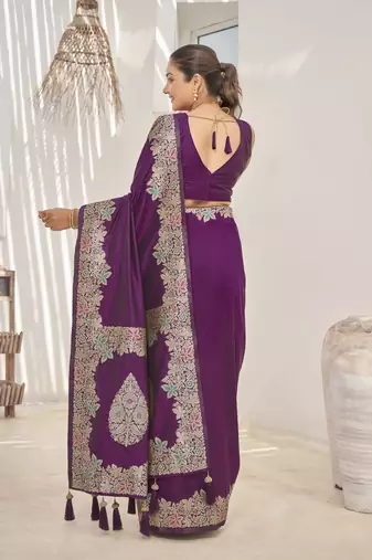 Purple banarasi soft silk blend woven jacquard saree with blouse piece