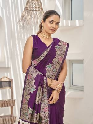 Purple banarasi soft silk blend woven jacquard saree with blouse piece 4