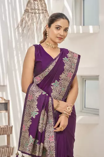 Purple banarasi soft silk blend woven jacquard saree with blouse piece