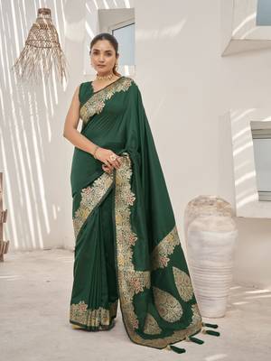 Green banarasi soft silk blend woven jacquard saree with blouse piece 1