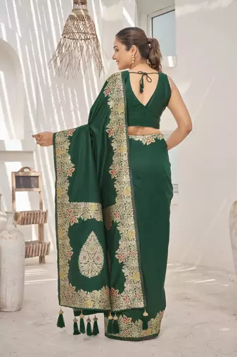Green banarasi soft silk blend woven jacquard saree with blouse piece