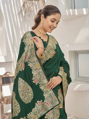 Green banarasi soft silk blend woven jacquard saree with blouse piece 4