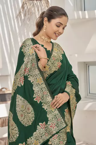 Green banarasi soft silk blend woven jacquard saree with blouse piece