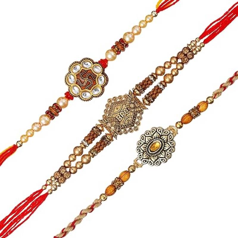 Set Of 3 Rakhi For Brother Bhabhi With Riddhi-Siddhi Sticker 