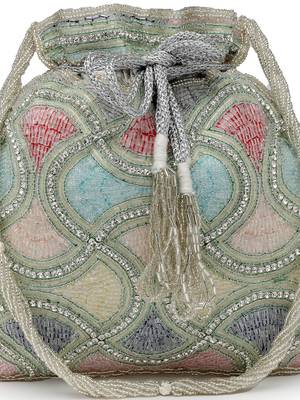 dangle silver & pastel multi vermicular embellished faux silk potli 8