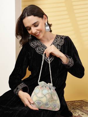 dangle silver & pastel multi vermicular embellished faux silk potli 10