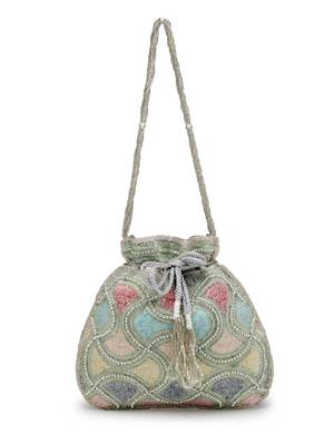 dangle silver & pastel multi vermicular embellished faux silk potli 11