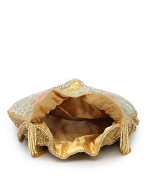 dangle gold & pastel multi vermicular embellished faux silk potli 7