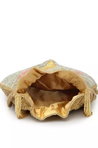dangle gold & pastel multi vermicular embellished faux silk potli