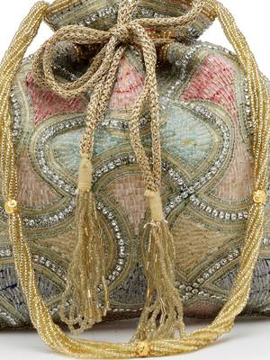 dangle gold & pastel multi vermicular embellished faux silk potli 8