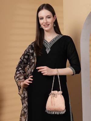 dangle coral & gold striped embellished faux silk potli 10