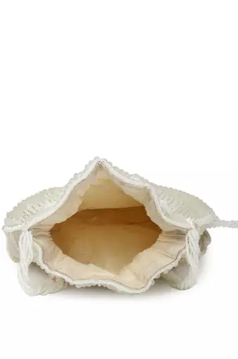 dangle white & silver striped embellished faux silk potli