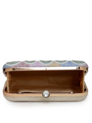 adorn white & pastel multi ogee embellished fabric clutch 7