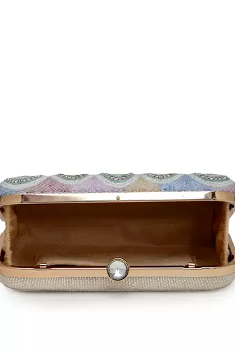 adorn white & pastel multi ogee embellished fabric clutch