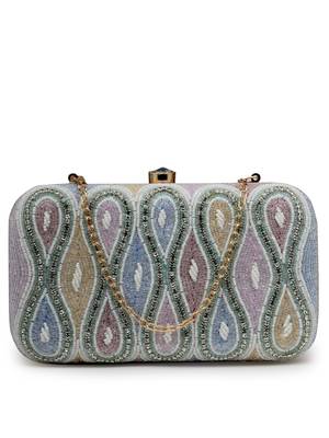 adorn white & pastel multi ogee embellished fabric clutch 11