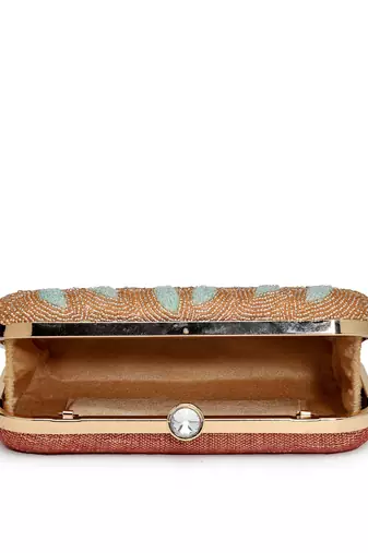 adorn gold & pastel multi floral embellished fabric clutch