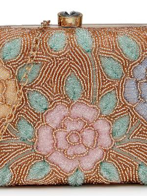 adorn gold & pastel multi floral embellished fabric clutch 8