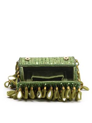 tipify olive green & gold mirror work embellished fabric clutch 7