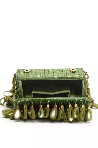 tipify olive green & gold mirror work embellished fabric clutch