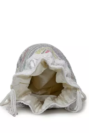 dangle white & pastel multi chevron embellished faux silk potli