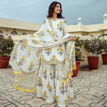 White Cotton Printed Short Kurta With Palazzo & Dupatta Set For Women 1