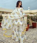 White Cotton Printed Short Kurta With Palazzo & Dupatta Set For Women